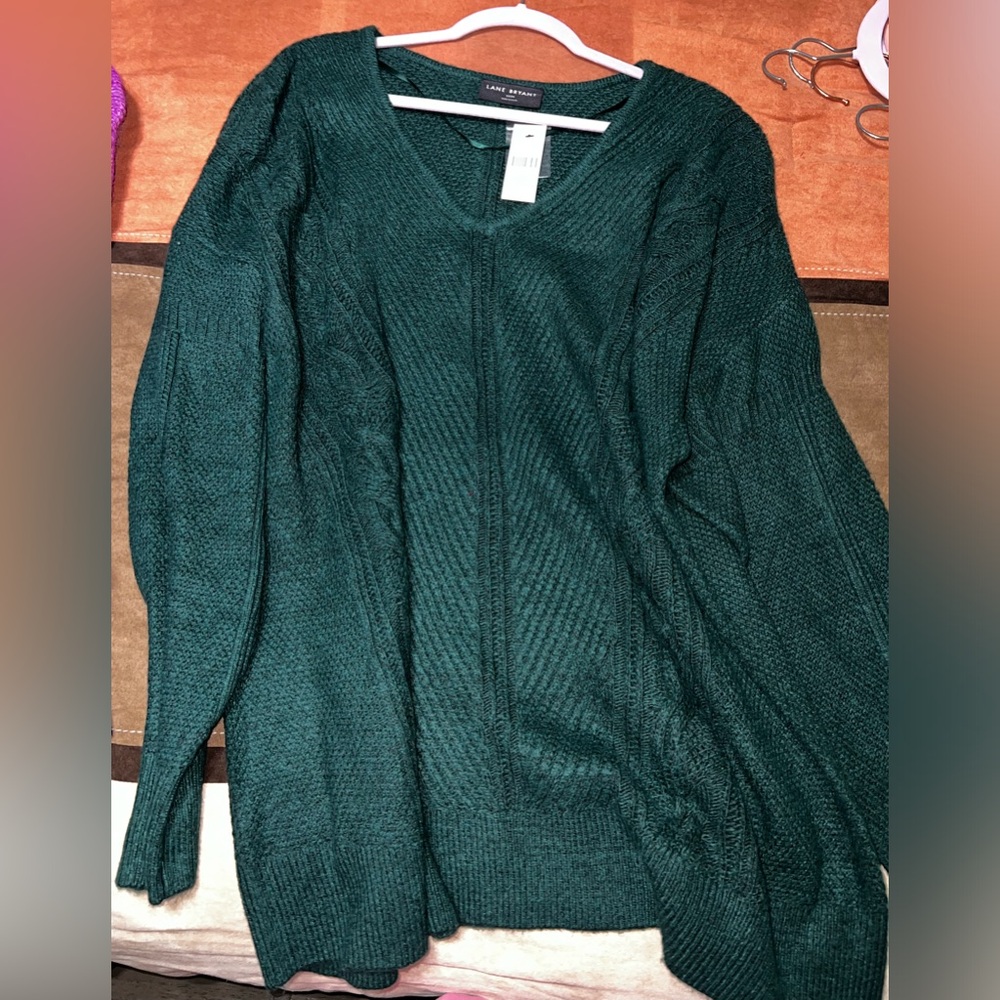 Women’s Lane Bryant, V-neck cable sweater, NWT, dark green, Size 22/24